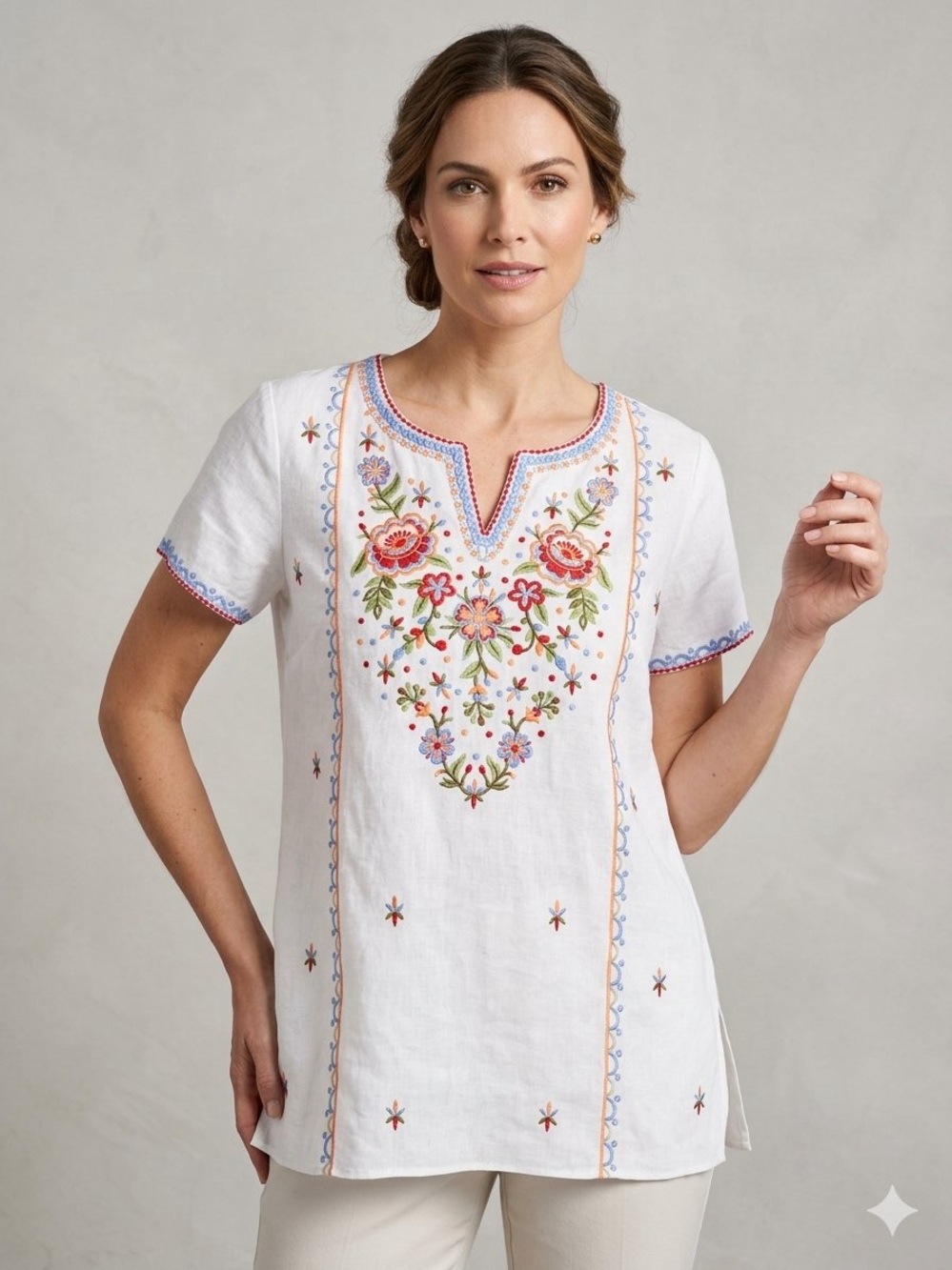 John Mark White Linen Embroidered Floral V-Notch Tunic Size small